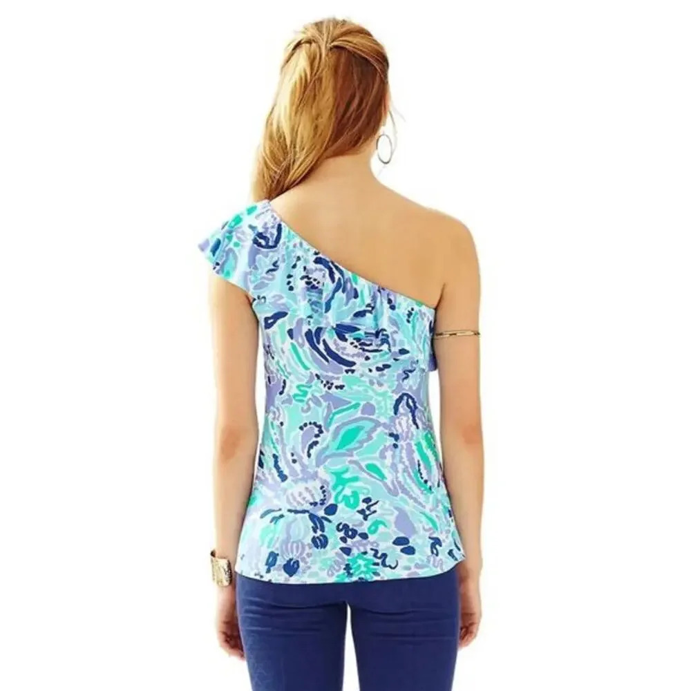 Lilly Pulitzer Women's XS Neveah‎ One Shoulder Top Abstract Print Ruffle Detail